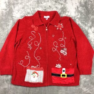 Allison Daley Christmas Sweater Womens 2X Chenille Holidays Red‎ Zip Cardigan